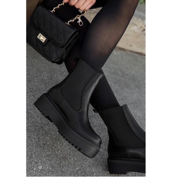 Shoes - Black Lug Platform Slip On Bootie